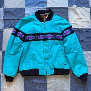 Vintage 90s Davis James Teal Canvas Aztec Jacket blanket lined faded size M